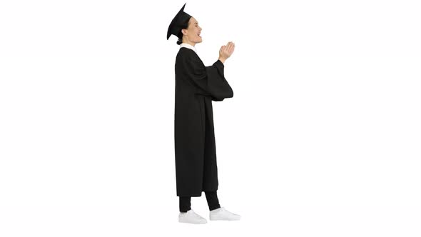 Graduation Student Woman Applauding Smiling on White Background