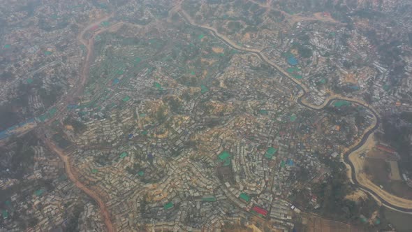 Aerial view of a huge refugee camp with makeshift houses, Ukhia, Bangladesh.