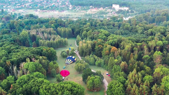 Nice top view of the park, forest covered with greenery. Morning river in fog.