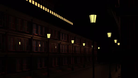 Abstract city landscape with an empty street decorated by two rows of lanterns