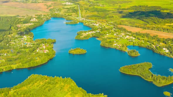 Hyperlapse Timelapse Dronelapse Aerial View Of Villages Houses On Rivers Lakes Islands Summer Day