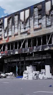 Vertical Video of a Bombed Shopping Center During the War in Bucha Ukraine