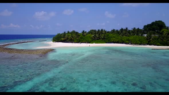 Aerial top view travel of beautiful lagoon beach time by transparent ocean with white sandy backgrou