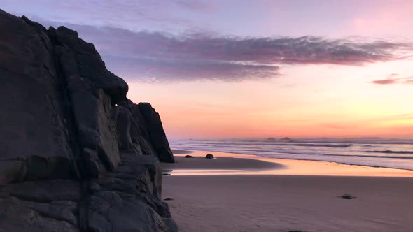 Devil's Kitchen part of Bandon beach at the Oregon coast, sea stacks and rock formations at sunset,