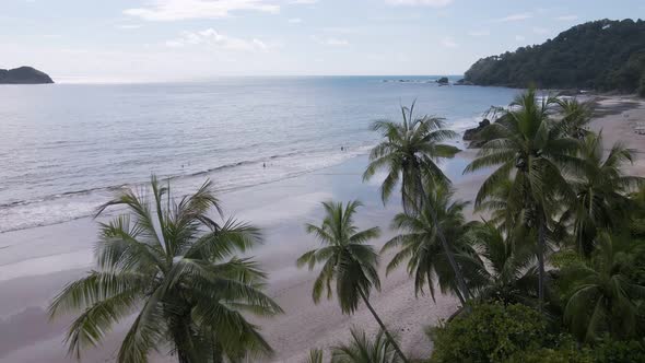 aerial view over the palm trees and out to a beautiful sandy beach on the pacific ocean with an isla