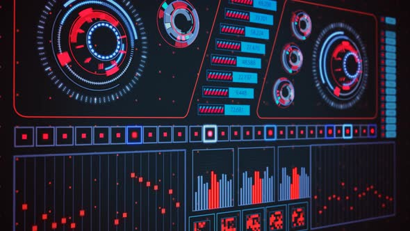 Advanced futuristic graphic interface. Displays abstract diagrams and charts.