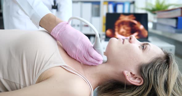 Ultrasound of Thyroid Gland of Woman in Clinic Closeup