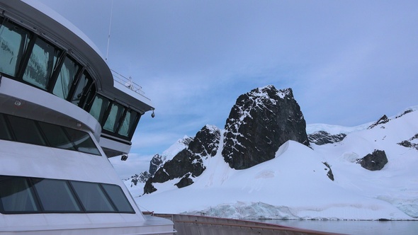 Cruise ship in Antarctica. Travel to the Antarctic peninsula. A beautiful polar nature.