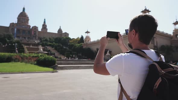 Traveler Is Filming By Smartphone Building of National Art Museum of Catalonia