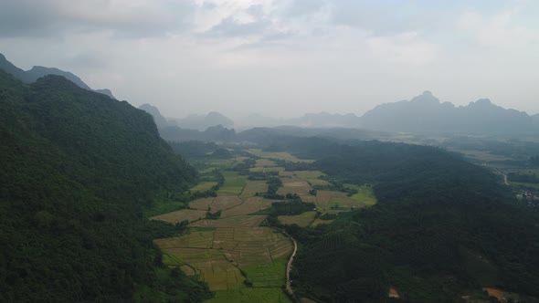 Landscape around the city of Vang Vieng in Laos seen from the sky