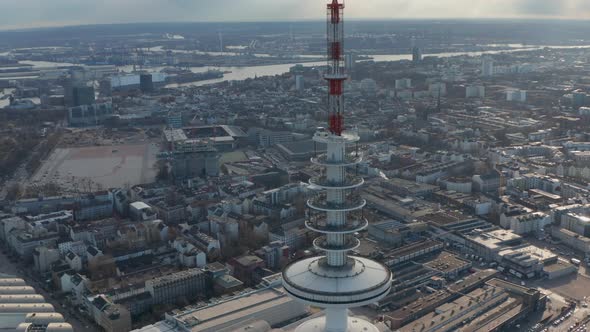 Close Up Aerial View of Red and White Antennas on Top of Heinrich Hertz TV Tower in Hamburg Germany