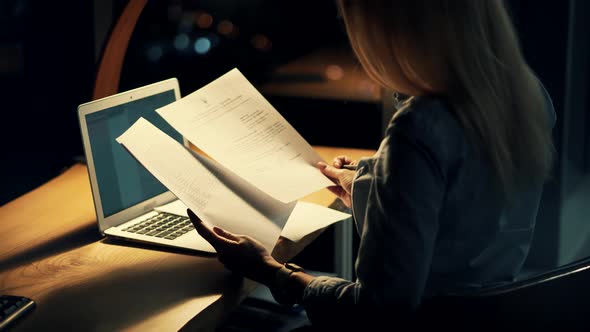 Overworked Tired Businesswoman Working Late Night At Deadline. Girl Worker Office At Night. Overtime