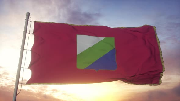 Abruzzo Flag Italy Waving in the Wind Sky and Sun Background