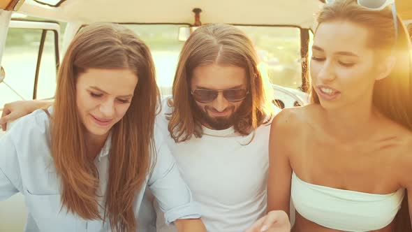 Friends Having Fun In Summer, Traveling By Car To Nature. Happy Smiling People.