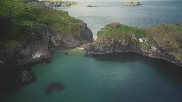 Rope Bridge Ireland Ocean Shore Aerial View