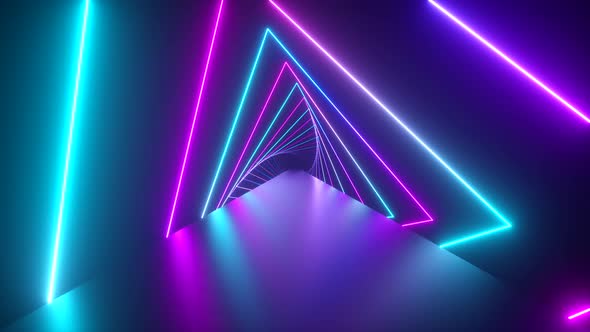 Flying Through Glowing Rotating Neon Triangles