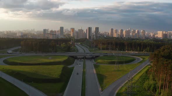 Aerial View of a Busy Motorway Interchange with a Lot of Traffic