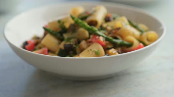 Pasta Salad with Grilled Vegetables Zucchini Eggplant Asparagus and Tomatoes