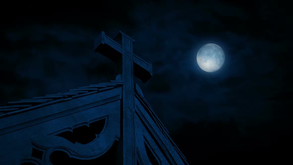 Old Wooden Spire On Church Building In Moonlight
