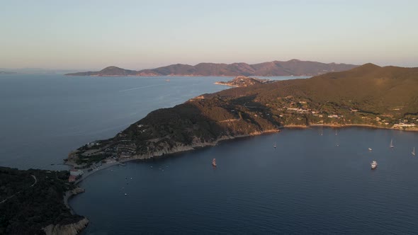 Aerial view of Capo d'Enfola at sunset, Elba Island, Tuscany, Italy.