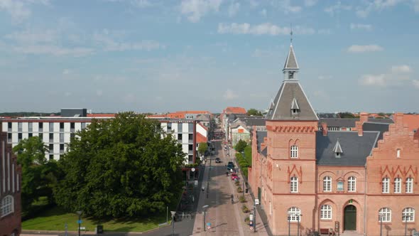 Aerial View Backwards of Torvet Square in Esbjerg Denmark with the Statue of Christian IX and the