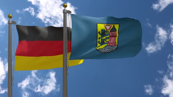 Germany Flag Vs Flensburg City Flag on Flagpole