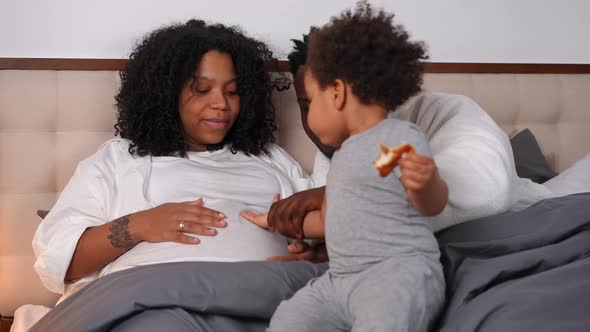 Young Pregnant African American Woman Smiling As Man and Little Boy Touching Belly