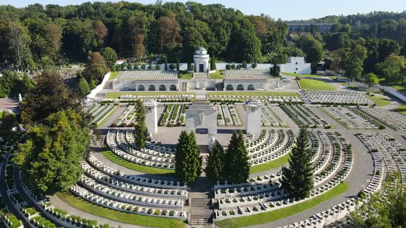 Aerial Shot The City Of Lviv. Lychakiv Cemetery Museum Reserve. Ukraine