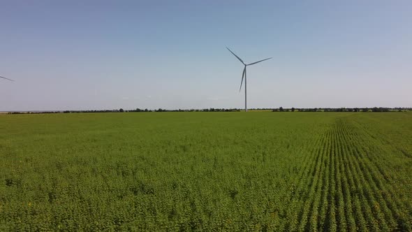 Aerial drone view of a flying over the wind turbine