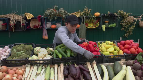 Red Peppers at the Farmers' Market. Slow Motion 2x.