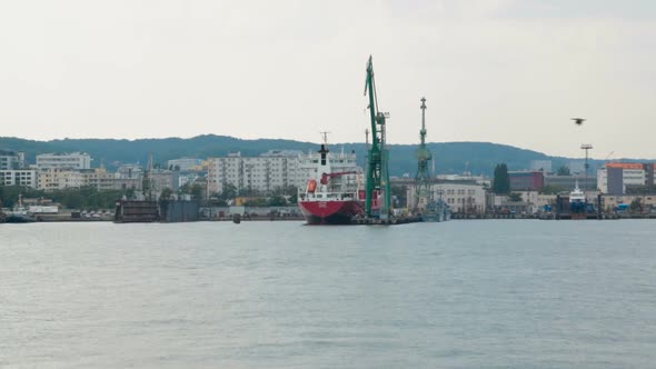 Industrial zone of seaside city with cranes and cargo ships, view from sea