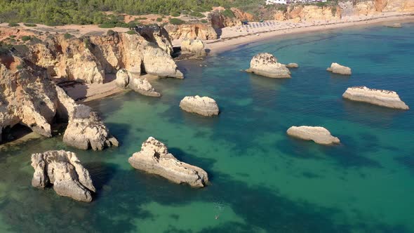 Delightful Aerial View of Portuguese Rocky Beaches Near the City of Portimao