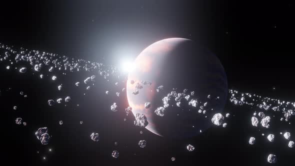 Space scene with planet orbiting asteroids and star.