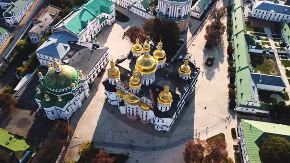 Aerial view of ancient Kyiv Pechersk Lavra, a historic Orthodox Christian monastery
