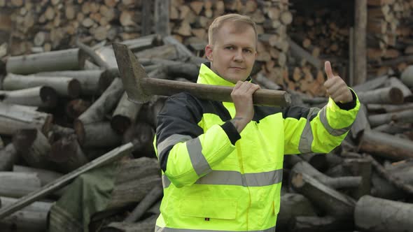 Man Lumberjack Woodcutter with Big Axe, Sawn Logs, Firewood Background. Thumb Up