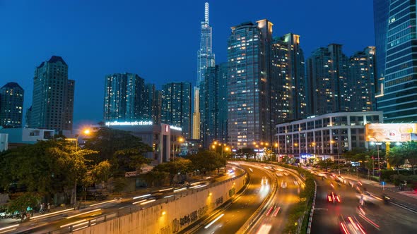 Time Lapse Day to Night Of Buildings and Traffic Downtown Sai Gon, Ho Chi Minh city, VietNam