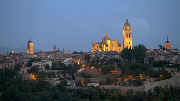 Panning Night View of the City of Segovia, Cathedral of Santa Mar a and Church of San Esteban