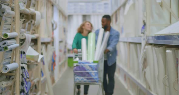 Happy Diverse Couple with Shopping Cart Buying Materials for Redecoration in DIY Store