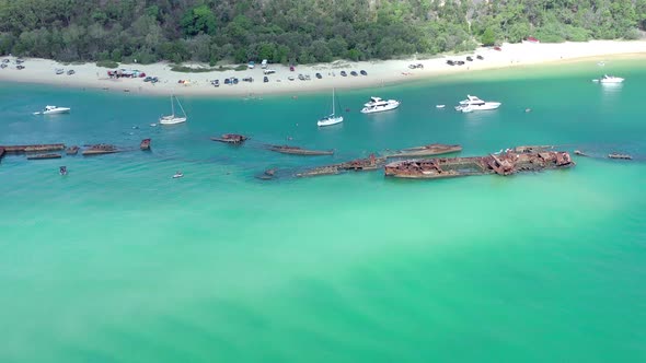 Aerial View of Tangalooma Shipwrecks in Brisbane Australia in the Summer