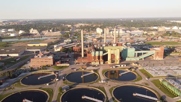 Detroit Water Treatment Plant With Large Circular Sedimentation Tanks On A Sunny Day In Michigan, US