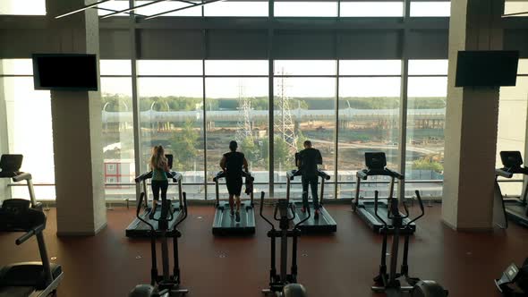 Three Sporty Guys Two Men and Woman Running on Treadmills in a Gym