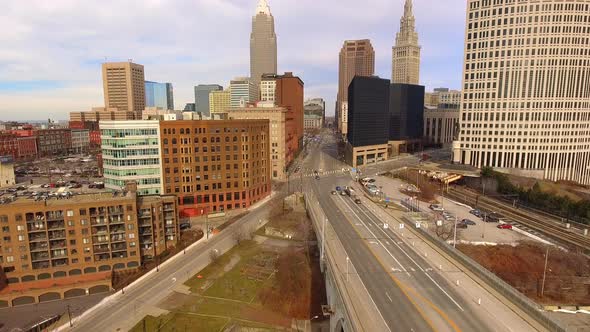 Cinematic revealing drone shot of downtown Cleveland Ohio