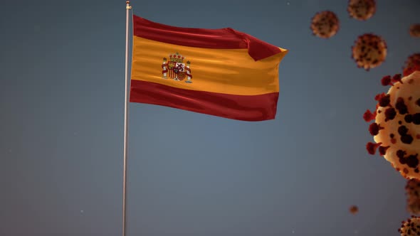 Spain Flag With Corona Virus Attack 4K