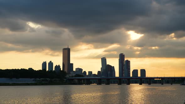 Korea Seoul Han River Yeoido Building Evening Sunset