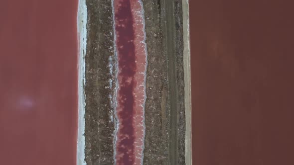 Birds eye drone shot of a salt mine in Namibia - drone is flying over pink lakes as well as transpor