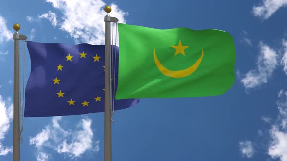 European Union Flag Vs Mauritania Flag On Flagpole