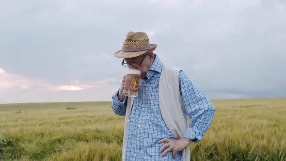 Man with Drinks Pint of Beer with Foam Smiles Wipes Mustache in Barley Field
