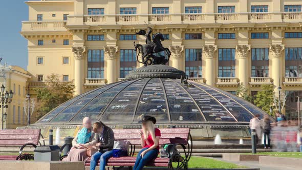 Glass Cupola Crowned By a Statue of Saint George, Patron of Moscow, at the Manege Square Timelapse