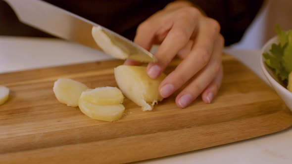 Slicing Boiled Potatoes. Ingredients For Salad.