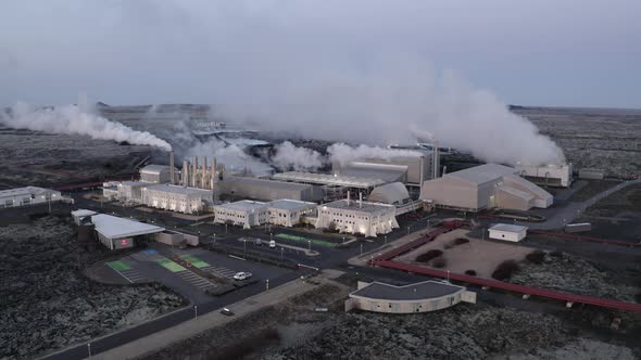 Geothermal Power Plant, Iceland. Steam Rising Above the Buildings